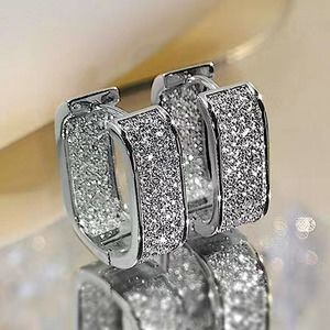 Silver Zircon Diamond White Gold Plated Pave Square Hoop Minimalist Earrings